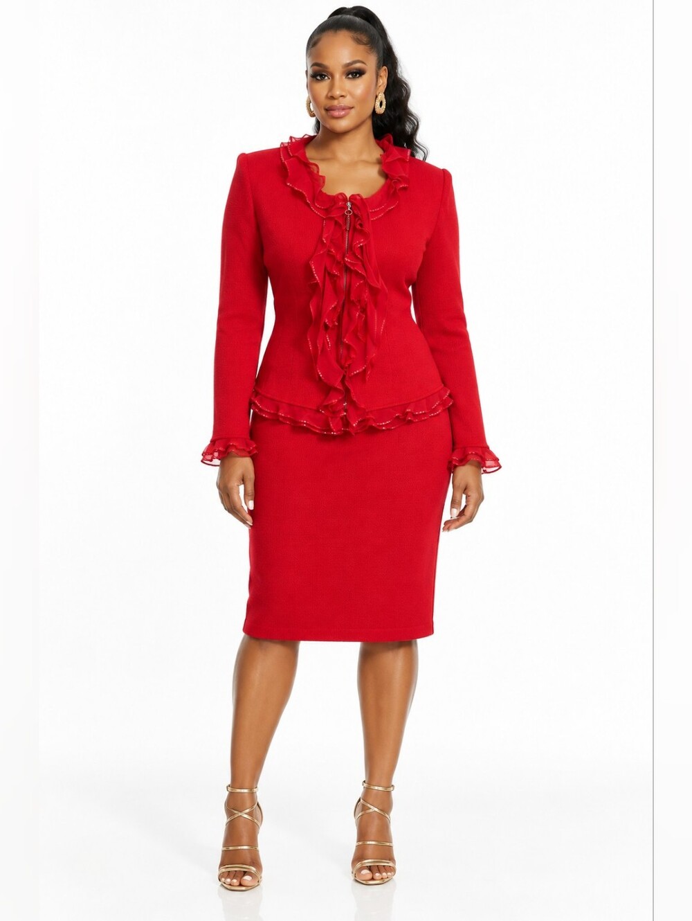 St John Evening Santana Knit Red Ruffle Rhinestone Zip Jacket Skirt Suit Sz 12